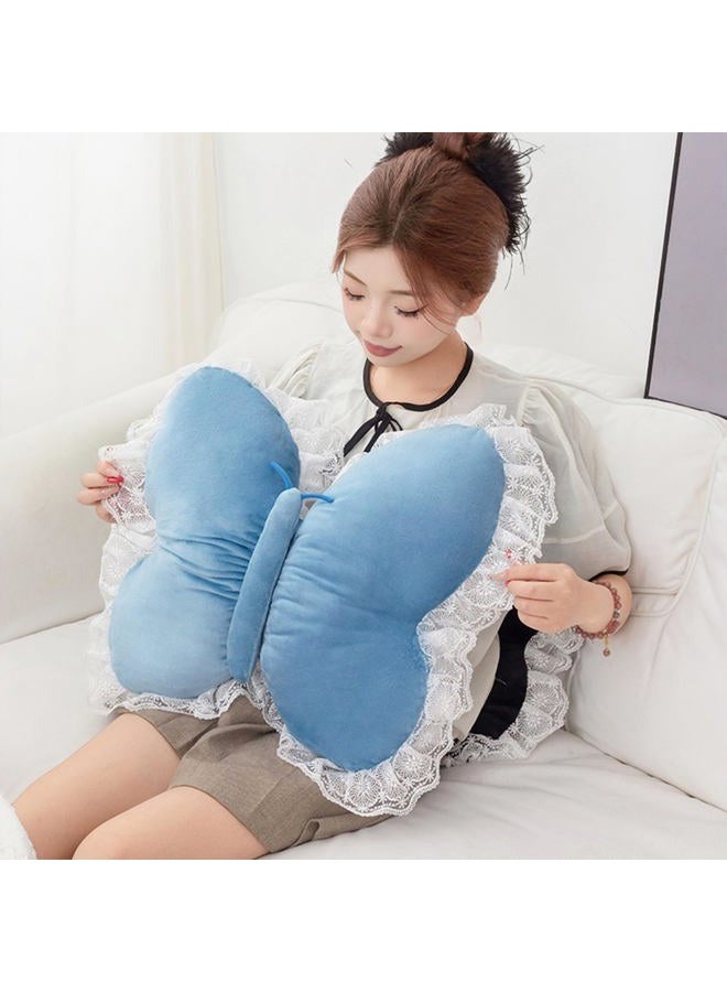 PEACH CAT وسادة على شكل فراشة مع حواف دانتيل وسادة زخرفية على شكل فراشة 16" × 16" وسادة ناعمة فاخرة للديكور لغرفة النوم وغرفة المعيشة والأريكة باللون الأزرق - Image 4