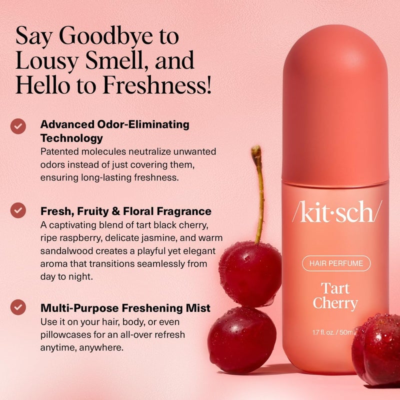 Kitsch عطر شعر كيتش تارت شيري للنساء - نظيف، مزيل للروائح، وتكنولوجيا حاصلة على براءة اختراع لإزالة الروائح، رذاذ للجسم - لإنعاش الشعر، الجسم والوسائد - الكرز الأسود، التوت، الياسمين، خشب الصندل - 50 مل - Image 2