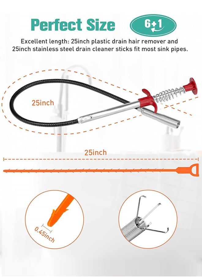 Sweet Life - 35.5inch Drain Clog Remover(1pcs), 25inch Drain Snake Hair Remover(3pcs) ＆ Cleaning Brush(1pcs), A pair of cleaning gloves, Hair Catcher Drain Auger Cleaner Tool Set For Toilet, Kitchen Sink, Bathroom Tub, Sewer, 6 Pack - Image 1