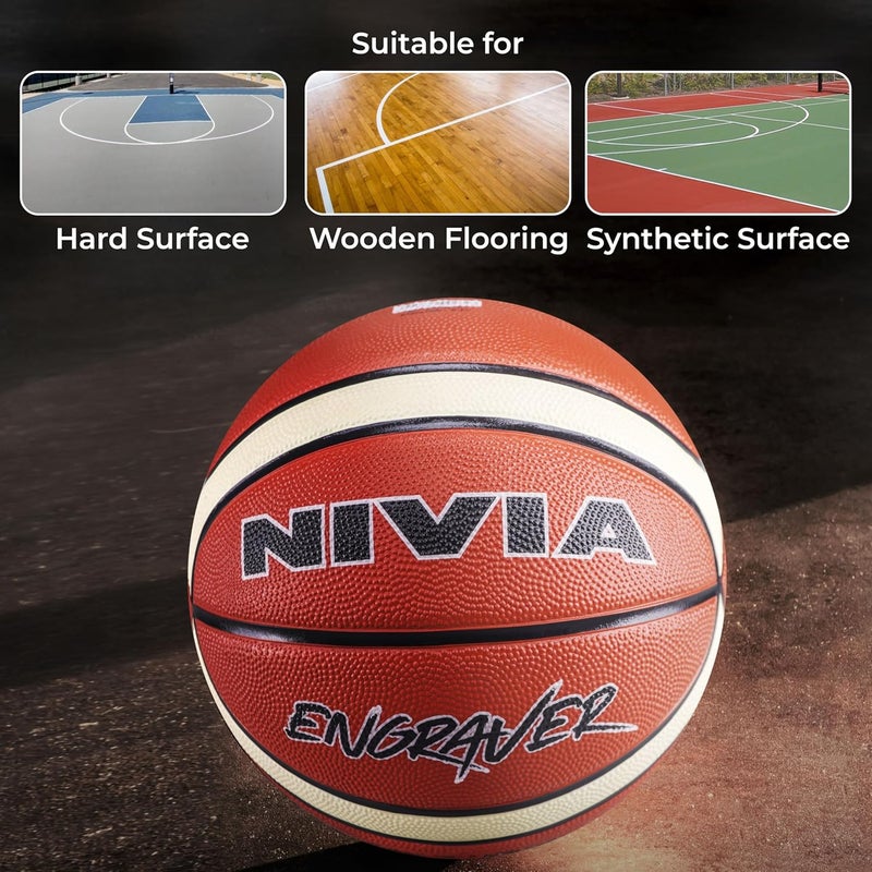 Nivia Engraver Basketball, 14 Panels, Molded Soft Rubber, Butyl Threadwounded Bladder, For All Indoor & Outdoor Surfaces (Brown/Beige, Size - 7) - Image 4