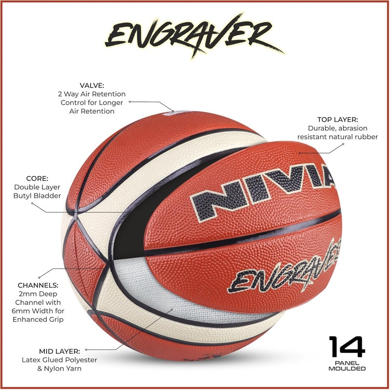 Nivia Engraver Basketball, 14 Panels, Molded Soft Rubber, Butyl Threadwounded Bladder, For All Indoor & Outdoor Surfaces (Brown/Beige, Size - 7) - Image 2