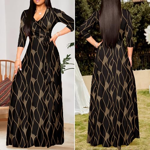 FANDEE Plus Size Maxi Dress for Women Casual Summer Sundress V-Neck 3/4 Sleeve(Gold Lines,X-Large) - Image 4