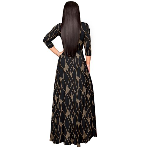 FANDEE Plus Size Maxi Dress for Women Casual Summer Sundress V-Neck 3/4 Sleeve(Gold Lines,X-Large) - Image 3