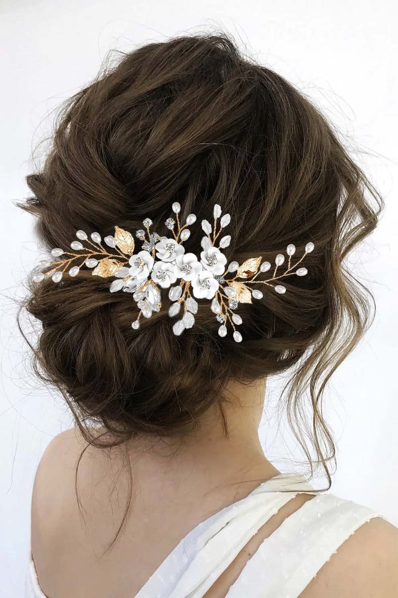 Latious Silver Flower Bride Wedding Hair Comb Pearl Bridal Side Comb Crystal Hair Piece Leaf Hair Accessories for Women and Girls T Gold