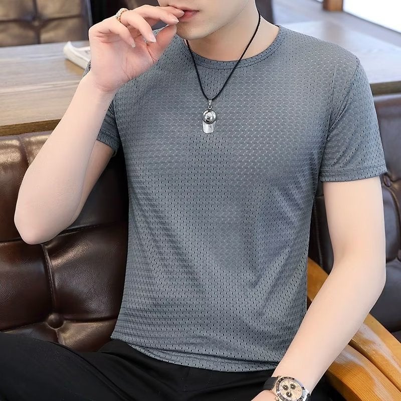 Summer Men'S Ice-Feel Large Mesh Sports Short-Sleeved T-Shirt Quick-Drying Breathable Ice Silk High-Elastic Loose Cut Out - Image 1