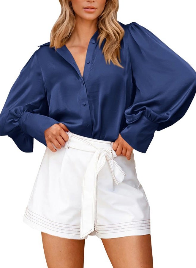 BTFBM Women Satin Blouses Summer Fall Clothes Button Down Lantern Long Sleeve Shirts Work Business Casual Dressy Tops, Navy, M - Image 2