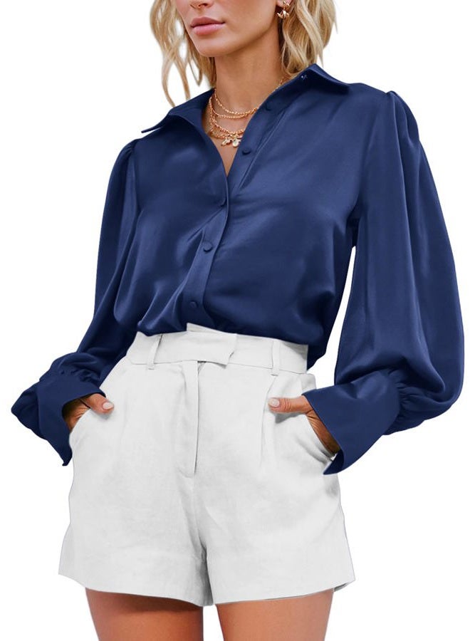 BTFBM Women Satin Blouses Summer Fall Clothes Button Down Lantern Long Sleeve Shirts Work Business Casual Dressy Tops, Navy, M - Image 1