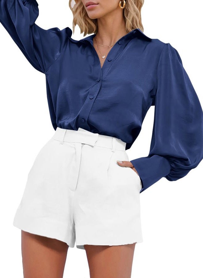 BTFBM Women Satin Blouses Summer Fall Clothes Button Down Lantern Long Sleeve Shirts Work Business Casual Dressy Tops, Navy, M - Image 3