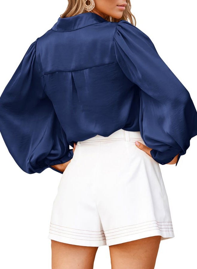 BTFBM Women Satin Blouses Summer Fall Clothes Button Down Lantern Long Sleeve Shirts Work Business Casual Dressy Tops, Navy, M - Image 5