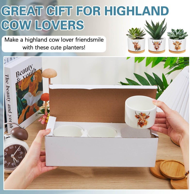 Jingmore 3 Pcs Decor Gift for Women Planter Ceramic Gift Animal Plant Pot with Bamboo Tray for Office Home Farm House Bathroom Kitchen Christmas Decorations (No Plants Included) (Highland Cow) - Image 2