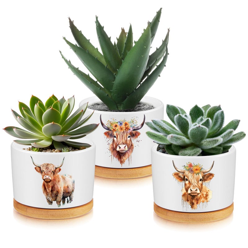 Jingmore 3 Pcs Decor Gift for Women Planter Ceramic Gift Animal Plant Pot with Bamboo Tray for Office Home Farm House Bathroom Kitchen Christmas Decorations (No Plants Included) (Highland Cow) - Image 1