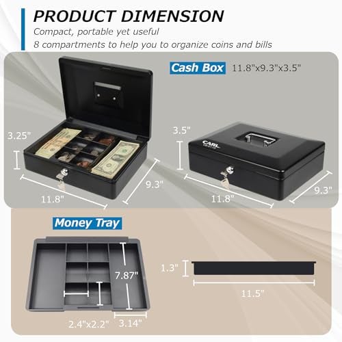 CARL, CUI82012, Bill Tray Steel Security Cash Box, Black 4"x9" - Image 5
