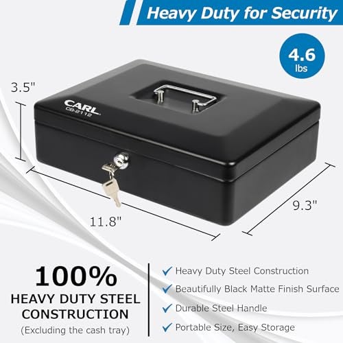 CARL, CUI82012, Bill Tray Steel Security Cash Box, Black 4"x9" - Image 2
