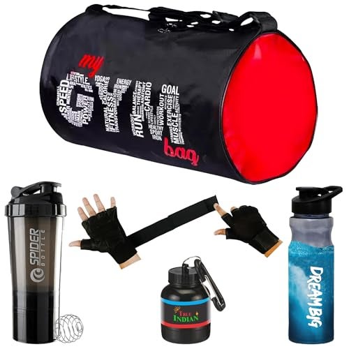 TRUE INDIAN Gym Bag Combo for Men Gym Bag with Shoe Compartment and, Shaker Bottle|Sipper Bottle Gym Gloves l Whey Container Gym kit for Men and Women (Black) - Image 1