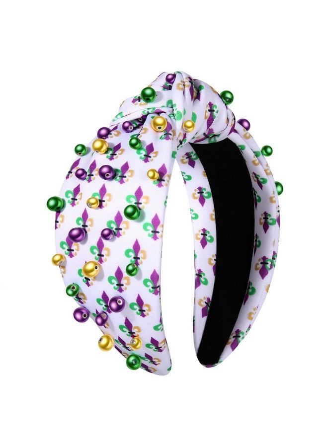 PHALIN Mardi Gras Headband For Women Mardi Gras Carnival Accessories Crown Fleur De Lis Mask Headband Jeweled Rhinestone Pearl Knotted Headband Fat Tuesday Parade Party Favors Gifts (Style B) - Image 1