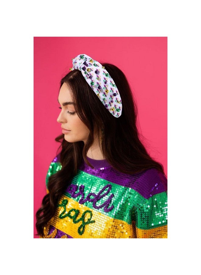 PHALIN Mardi Gras Headband For Women Mardi Gras Carnival Accessories Crown Fleur De Lis Mask Headband Jeweled Rhinestone Pearl Knotted Headband Fat Tuesday Parade Party Favors Gifts (Style B) - Image 2