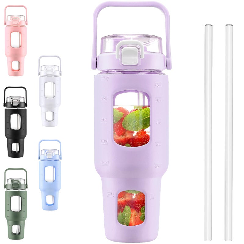BLUEGO 40 oz Glass Water Bottles with Straw Time Marker  Glass Tumbler with Handle Top Lids  Easy to Clean  Fits in Car Cup Holder  Leakproof Jug for Gym  Sports  Workout & Daily  Purple