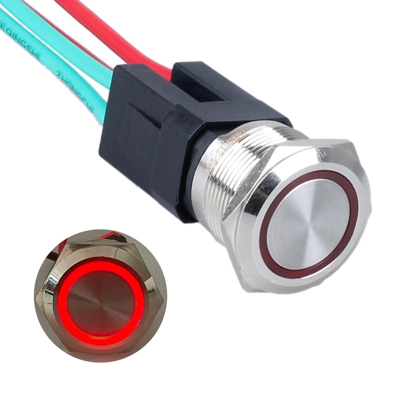 DMWD 22mm Heavy Duty Latching Metal Push Button Switch 20Amp 12V-24V ON-OFF 2NO with Pre-wired Socket (Halo Ring Red LED) - Image 1