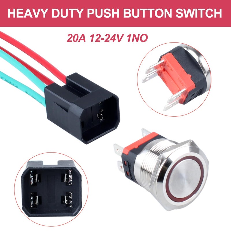 DMWD 22mm Heavy Duty Latching Metal Push Button Switch 20Amp 12V-24V ON-OFF 2NO with Pre-wired Socket (Halo Ring Red LED) - Image 3