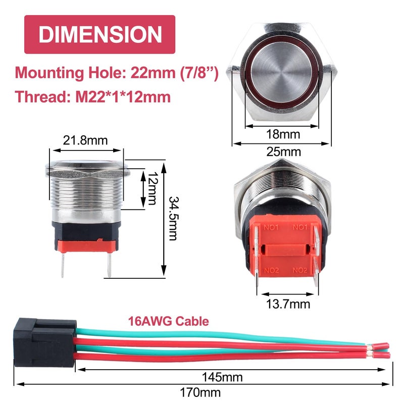DMWD 22mm Heavy Duty Latching Metal Push Button Switch 20Amp 12V-24V ON-OFF 2NO with Pre-wired Socket (Halo Ring Red LED) - Image 4