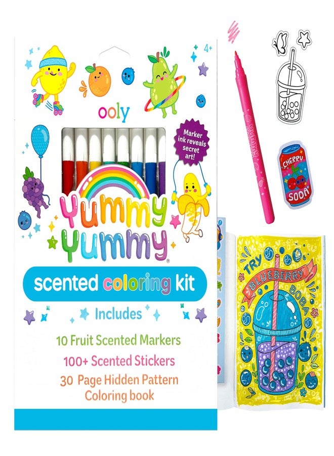 Ooly Yummy Yummy Coloring Kit Includes 10 Scented Markers, Over 100 Scented Stickers, and 30 Pages of Hidden Pattern Coloring Book, Perfect Airplane Travel Set and Creative Play - Image 1
