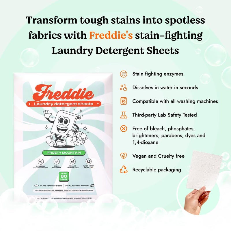 Freddie Laundry Detergent Sheets - Recyclable Packaging - No Mess Strips - 60 Loads - Crisp Frosty Mountain Scent - Image 2