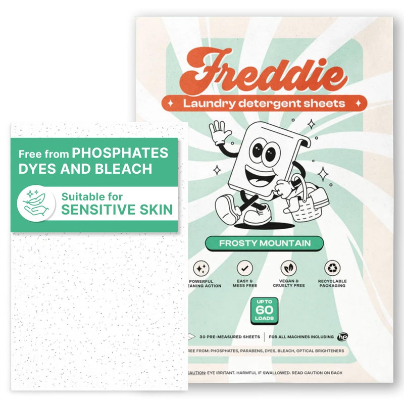 Freddie Laundry Detergent Sheets - Recyclable Packaging - No Mess Strips - 60 Loads - Crisp Frosty Mountain Scent - Image 1