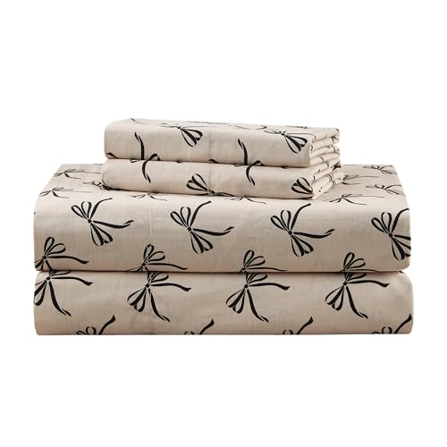 Comfort Spaces 100% Cotton Sheets Queen, Breathable, Naturally Cool Cotton Sheets, Cotton Bed Sheets with 14" Elastic Pocket Fits up to 16" Mattress, All Seasons Sheet Set, Bow Black/Taupe 4 Piece - Image 1