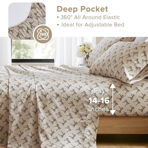 Comfort Spaces 100% Cotton Sheets Queen, Breathable, Naturally Cool Cotton Sheets, Cotton Bed Sheets with 14" Elastic Pocket Fits up to 16" Mattress, All Seasons Sheet Set, Bow Black/Taupe 4 Piece - Image 5
