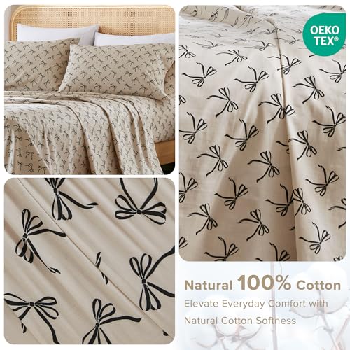 Comfort Spaces 100% Cotton Sheets Queen, Breathable, Naturally Cool Cotton Sheets, Cotton Bed Sheets with 14" Elastic Pocket Fits up to 16" Mattress, All Seasons Sheet Set, Bow Black/Taupe 4 Piece - Image 2
