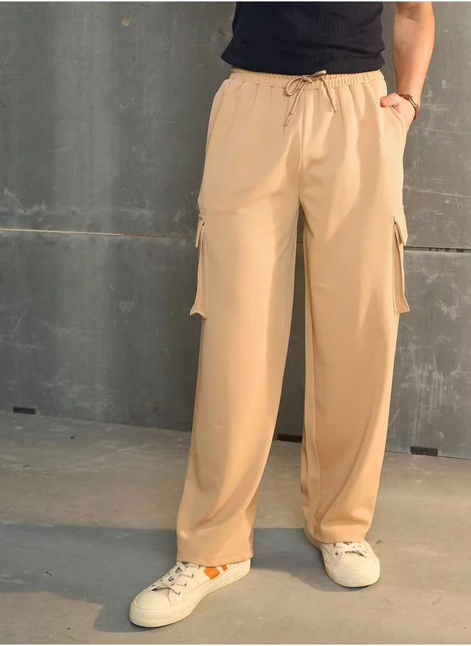 SASSAFRAS Sassafras Beige Solid Drawstring Waist Wide Leg Pants