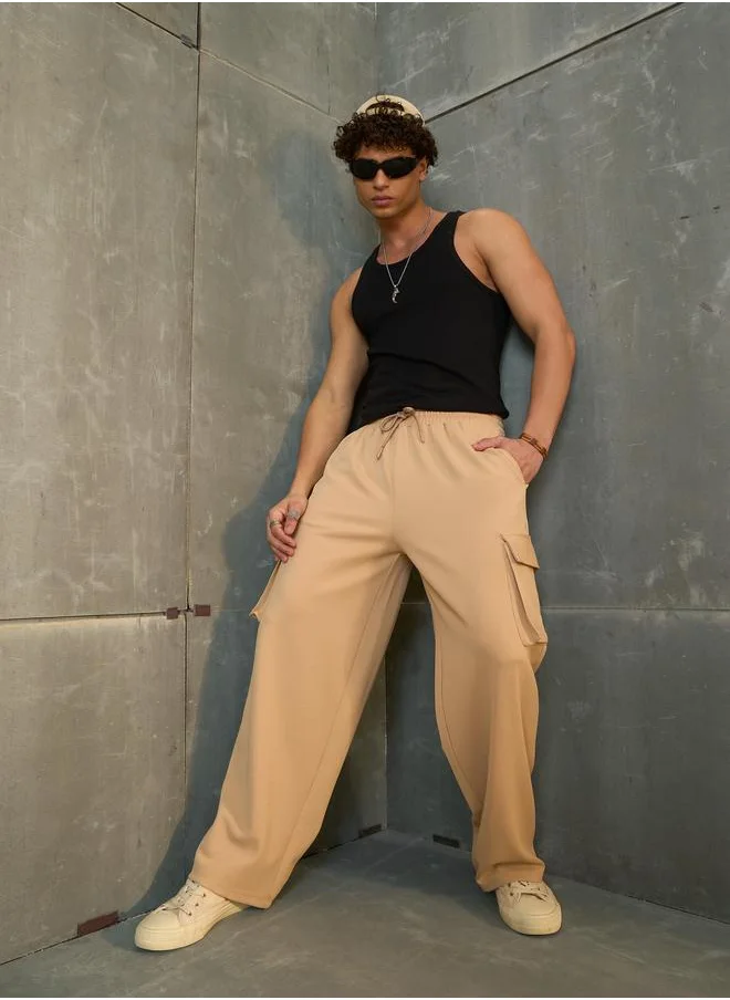 SASSAFRAS Sassafras Beige Solid Drawstring Waist Wide Leg Pants