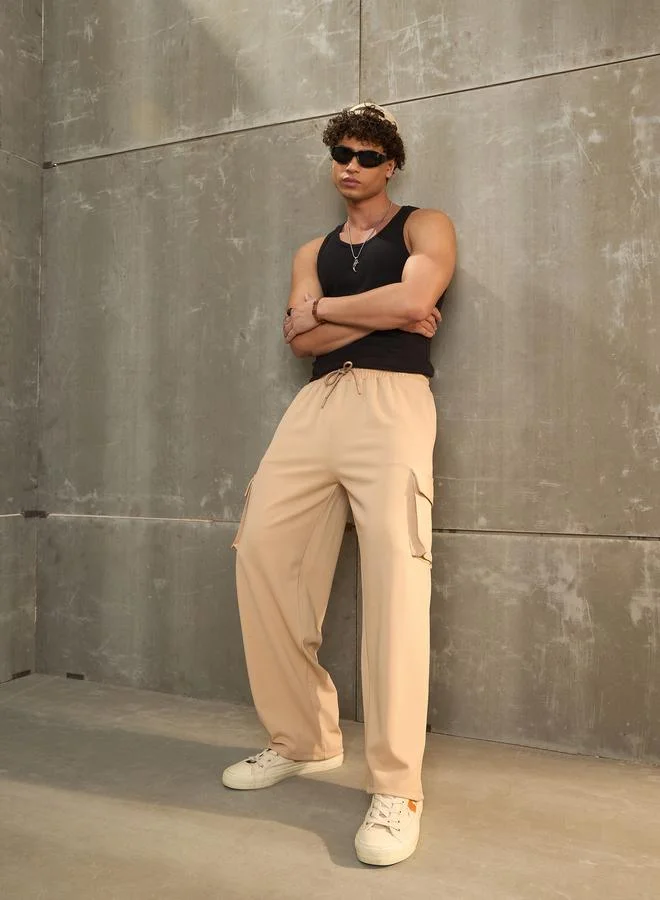 SASSAFRAS Sassafras Beige Solid Drawstring Waist Wide Leg Pants