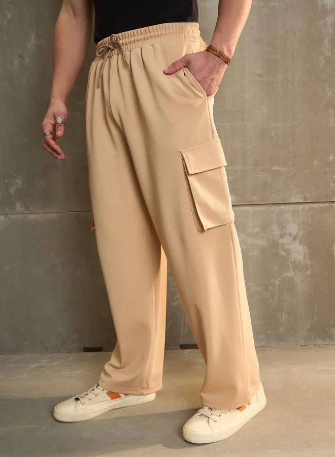 SASSAFRAS Sassafras Beige Solid Drawstring Waist Wide Leg Pants