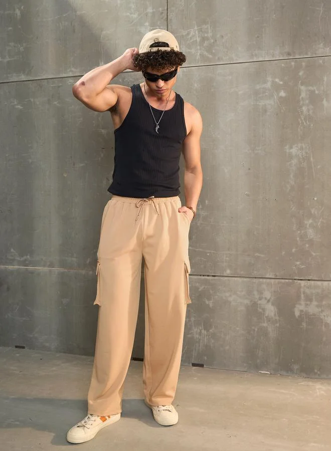 SASSAFRAS Sassafras Beige Solid Drawstring Waist Wide Leg Pants