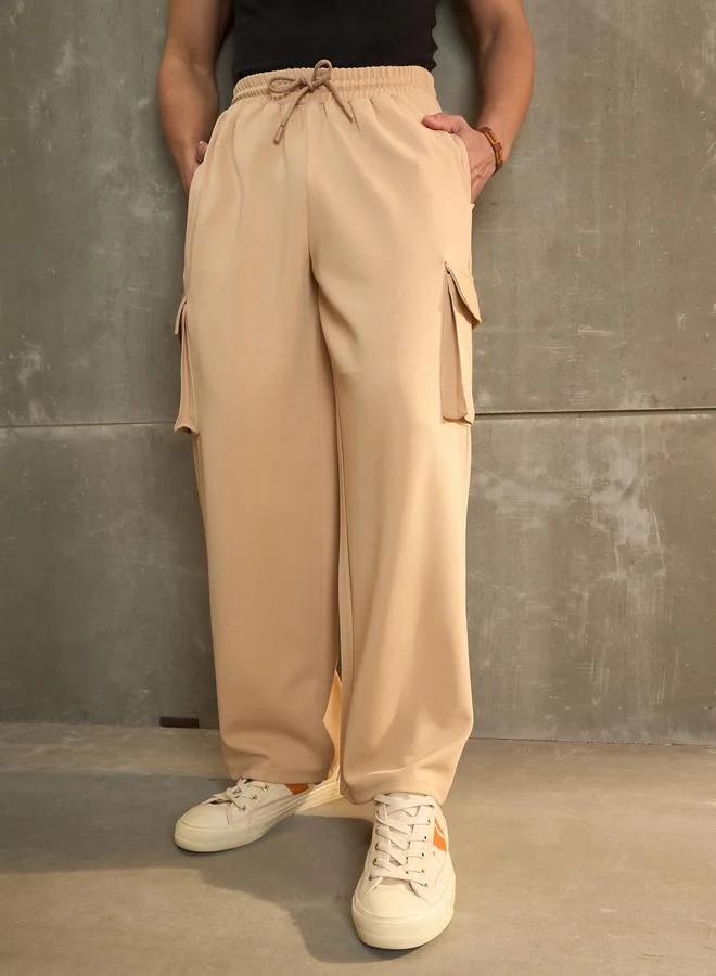 SASSAFRAS Sassafras Beige Solid Drawstring Waist Wide Leg Pants