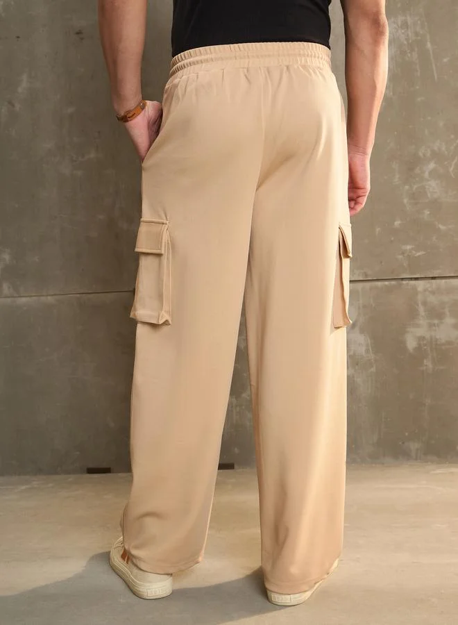 SASSAFRAS Sassafras Beige Solid Drawstring Waist Wide Leg Pants