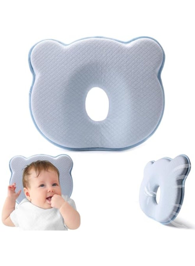 Memory Foam Baby Pillow - Portable Infant Head Support Pillow, Cute Cartoon Bear Design, Soft Cozy for Crib, Stroller, Car Seat, Blue - Image 1