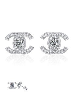 Double C Design Studs Earrings for Women, Anti Fading Hypoallergenic Zircon Earrings, Fashion Jewelry Gift (Silver)