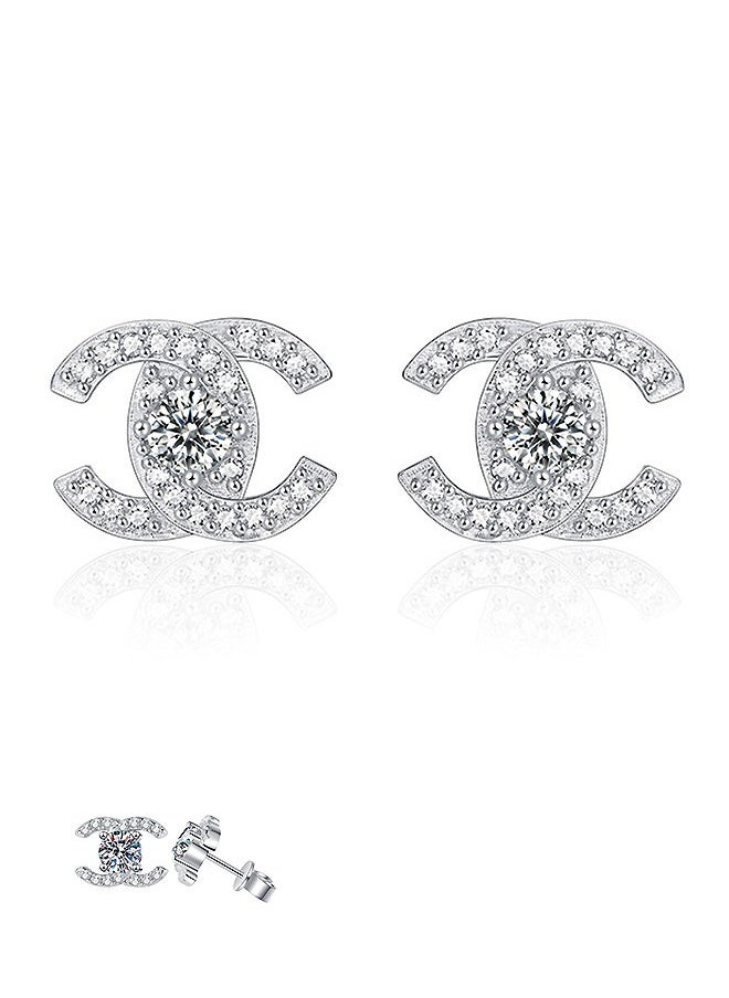 Beyond - Double C Design Studs Earrings for Women, Anti Fading Hypoallergenic Zircon Earrings, Fashion Jewelry Gift (Silver) - Image 1