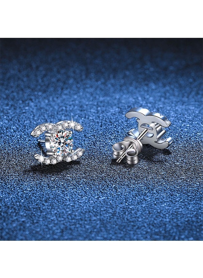 Beyond - Double C Design Studs Earrings for Women, Anti Fading Hypoallergenic Zircon Earrings, Fashion Jewelry Gift (Silver) - Image 1