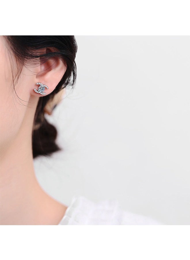 Beyond - Double C Design Studs Earrings for Women, Anti Fading Hypoallergenic Zircon Earrings, Fashion Jewelry Gift (Silver) - Image 1