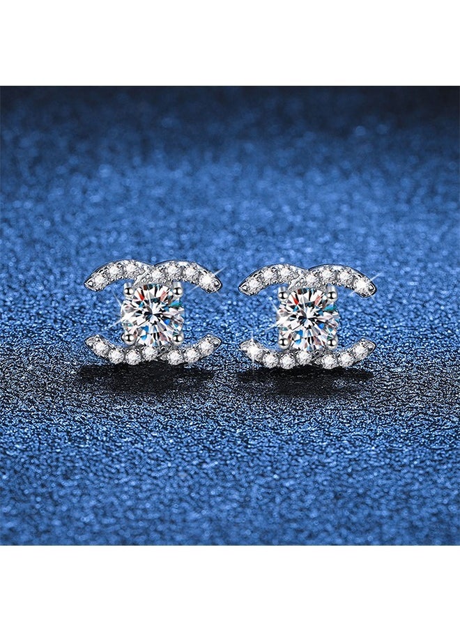 Beyond - Double C Design Studs Earrings for Women, Anti Fading Hypoallergenic Zircon Earrings, Fashion Jewelry Gift (Silver) - Image 1