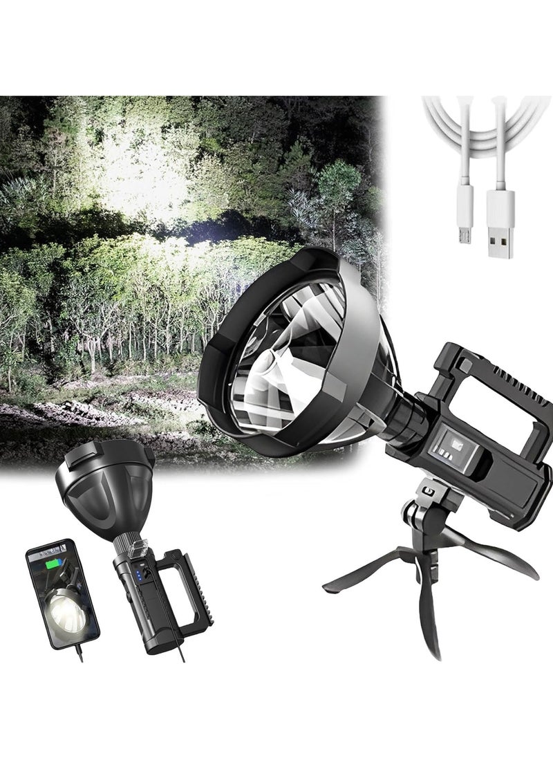Generic Rechargeable Spotlight Flashlight High Lumen, Super Bright LED Searchlight Waterproof 4 Modes Handheld Spotlight with Tripod for Emergency, Fishing, Hiking, Camping  - Image 1