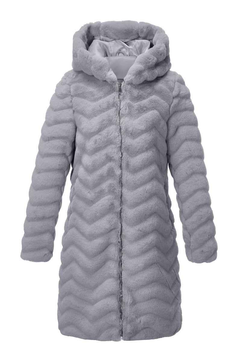 RISISSIDA Women Long Faux Fur Coat Fuzzy Jacket with Hood Fleece Winter Fall Thermal Shearling Warm Fluffy Furry Overcoat Grey 120757 L - Image 1