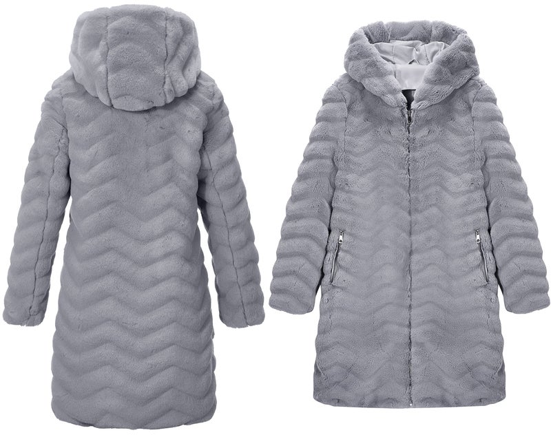 RISISSIDA Women Long Faux Fur Coat Fuzzy Jacket with Hood Fleece Winter Fall Thermal Shearling Warm Fluffy Furry Overcoat Grey 120757 L - Image 3
