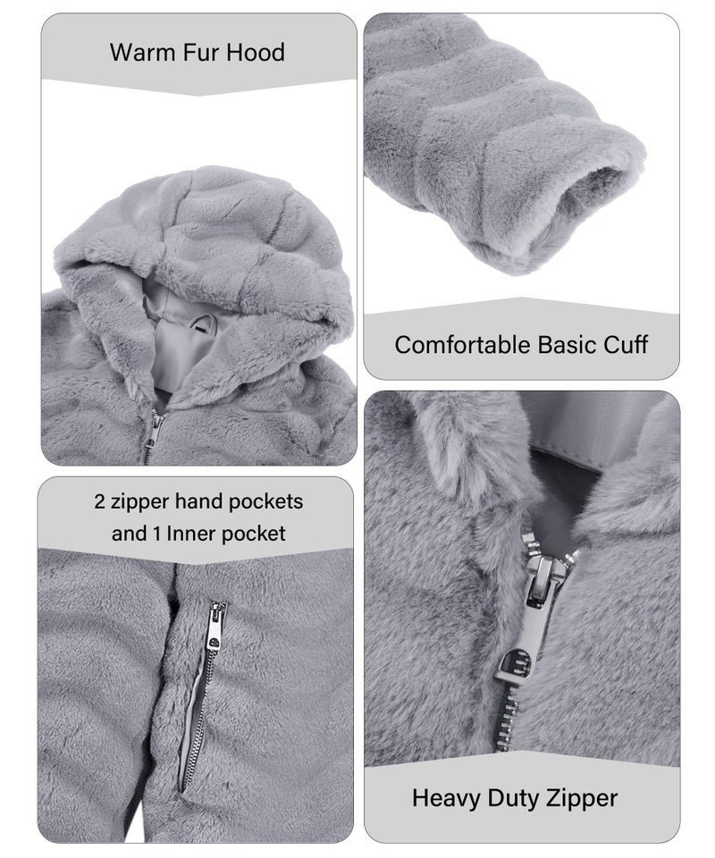 RISISSIDA Women Long Faux Fur Coat Fuzzy Jacket with Hood Fleece Winter Fall Thermal Shearling Warm Fluffy Furry Overcoat Grey 120757 L - Image 5