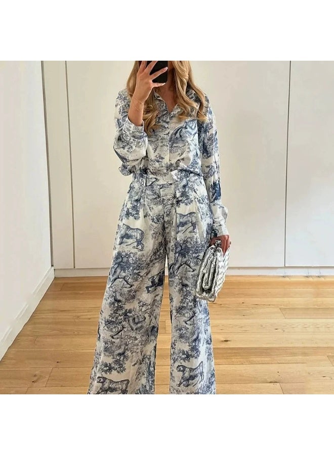 general 2025-2026 Women's Personalized Graffiti Casual Shirt with Flap Collar and Long Sleeves Fashion Set - Image 1