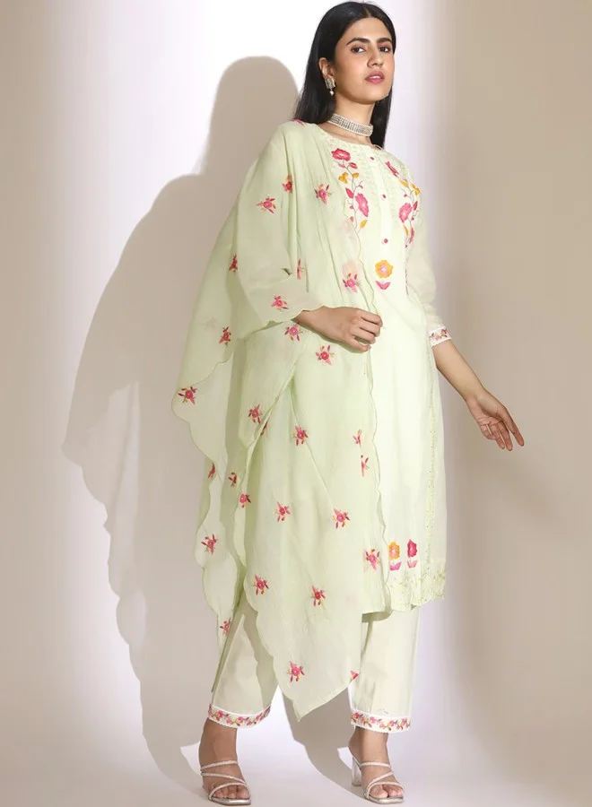 ISHIN Women's Sea Green 100% Cotton Embroidered Straight Fit Kurta Set
