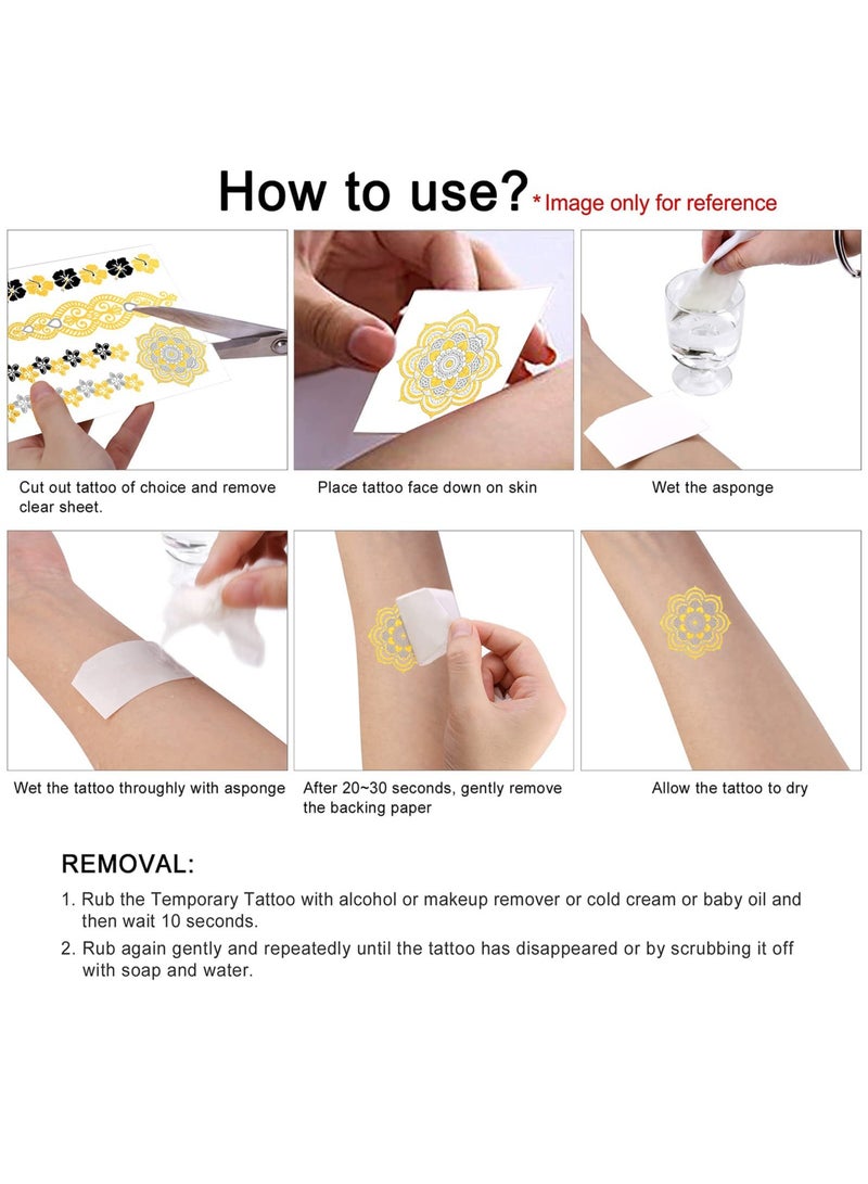 Metallic Temporary Tattoos for Women and Girls, 12 Sheets of Gold and Silver Glitter Designs, Stylish Fake Tattoos for Festivals, Parties, and Everyday Wear. - Image 4
